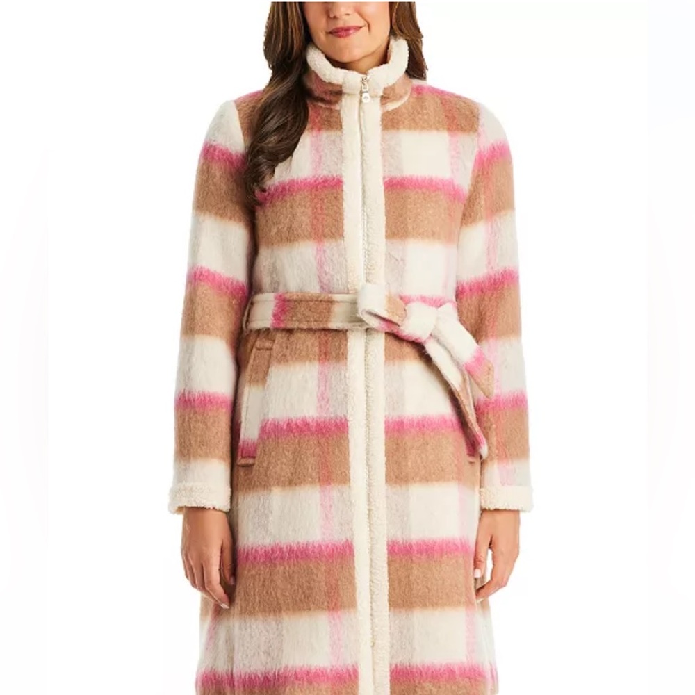 Kate Spade Belted Maxi Wool with Sherpa Detail Buffalo Plaid Coat